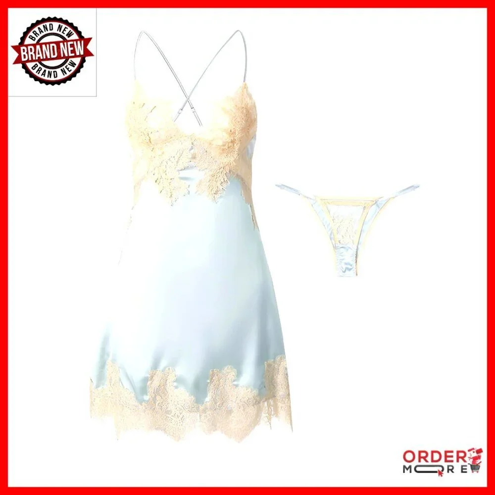 Silk Satin Lace Up Backless Babydoll Lingerie Dress 2 Piece Set